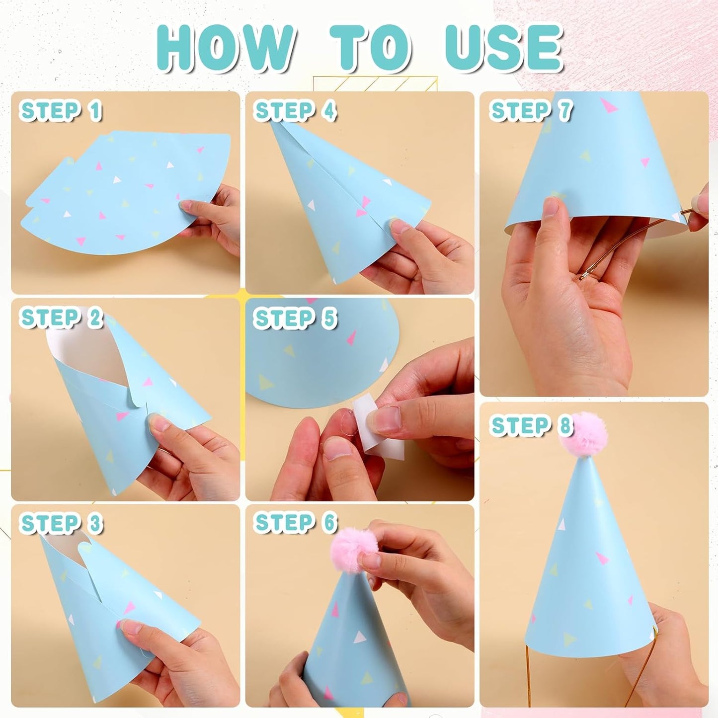 10 PCS Birthday Party Hats for Kids Adults, DIY Cone Hat with Pom Poms, Birthday Hats for Toddler Boys Girls, Paper Party Hat Fun Photo Props Baby Shower Celebration