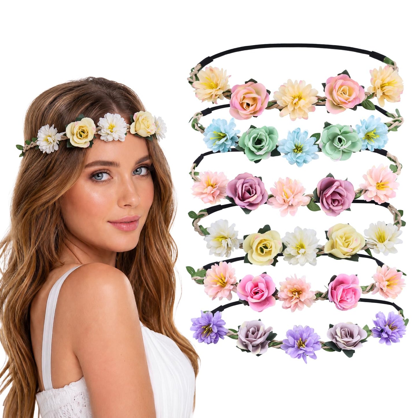 Women Headpieces Collection Accessories - 6 PCS Boho Hair Wreaths, Flower Crowns, Tiaras for , Brides, Bridesmaids, Flower Girls, Weddings