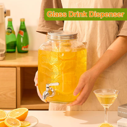 1 Gallon Glass Drink Dispensers for Parties, 2PACK Beverage Dispenser with Stand, Fruit Infuser and Stainless Steel Spigot 100% Leakproof, Beverage Dispenser for Lemonade Sun Tea