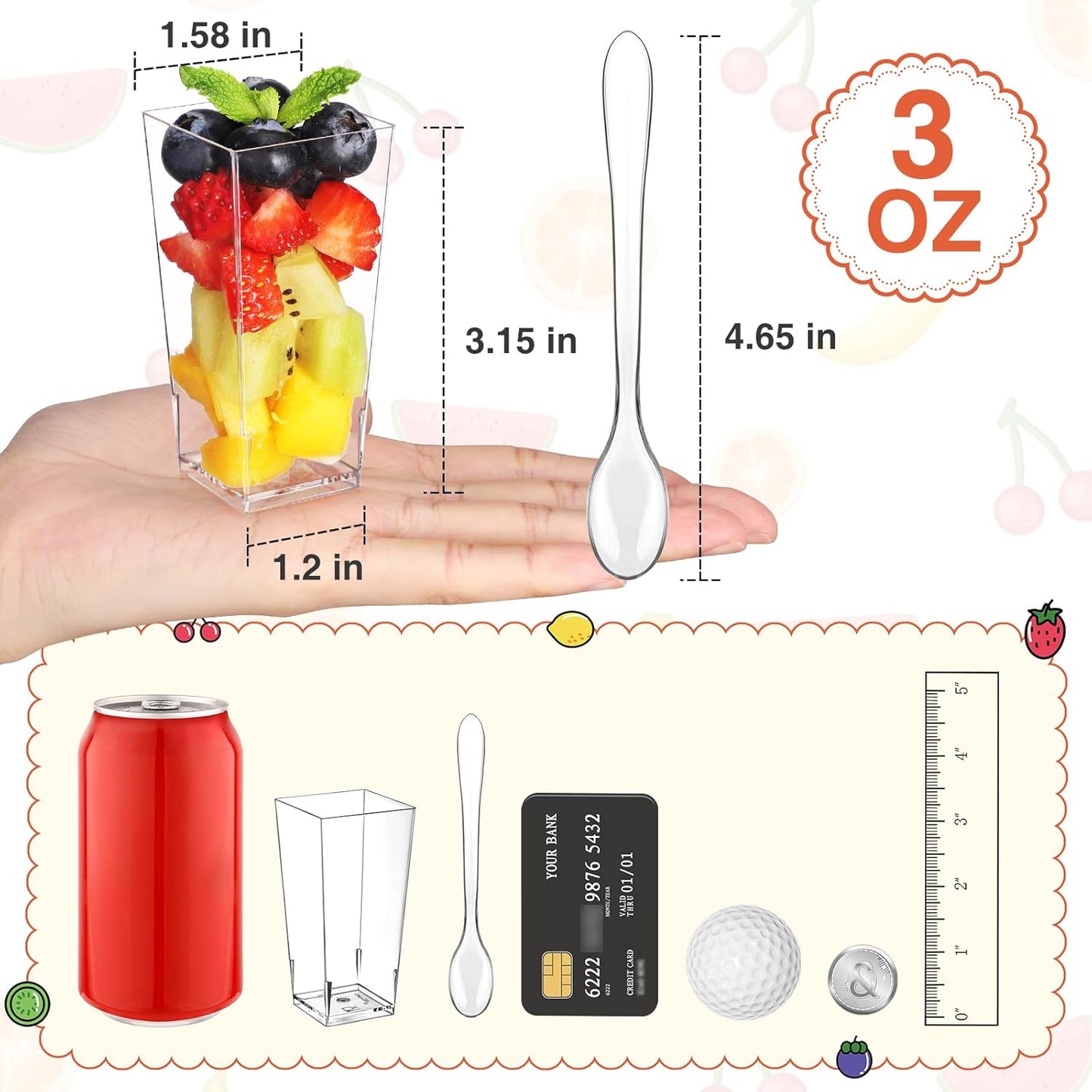 Eupako 3 oz Plastic Dessert Shooter Cups with Spoons - 100 Pack Mini Clear Slanted Appetizer Cup, Small Dessert Cup for Jello Shots, Parfait, Puddings, Mousse