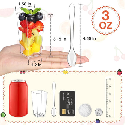 Eupako 3 oz Plastic Dessert Shooter Cups with Spoons - 100 Pack Mini Clear Slanted Appetizer Cup, Small Dessert Cup for Jello Shots, Parfait, Puddings, Mousse