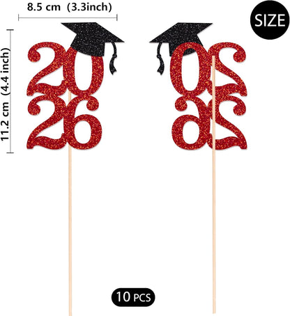 Class of 2026 Graduation Centerpieces, 10 Pcs Gold Glitter 2026 Centerpieces with Graduation Cap, Congrats Grad Party Decorations for Cake, Dessert & Centerpieces