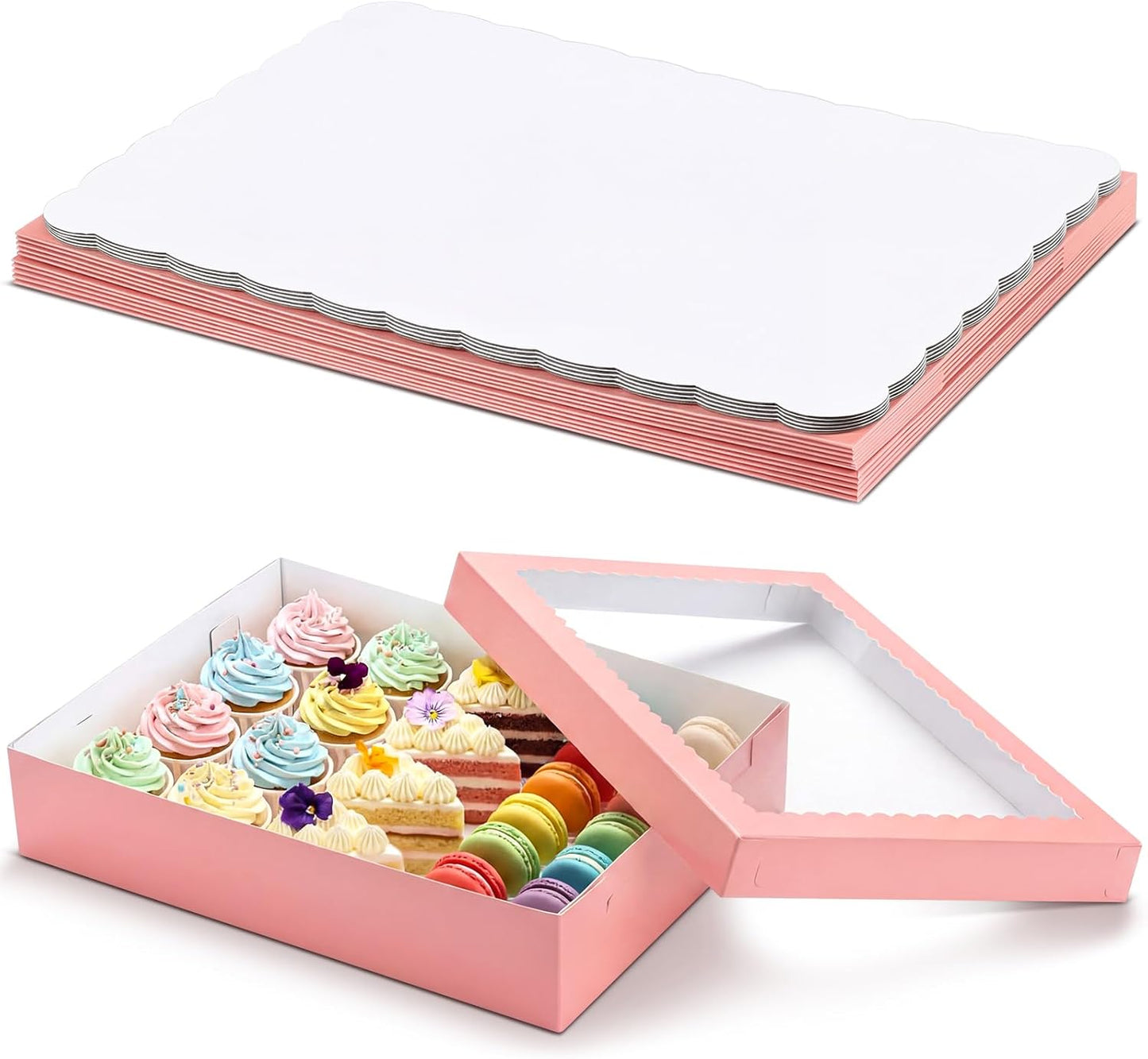 Sinload 10 Pcs 14x10x4 Inch 1/4 Sheet Cake Boxes 5pcs Large Rectangle Bakery Boxes with 5pcs Cake Boards for Pastry Baking, Cupcakes, Donuts, Cookies, Pie Treat Packaging