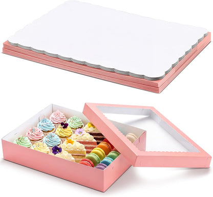 Sinload 10 Pcs 14x10x4 Inch 1/4 Sheet Cake Boxes 5pcs Large Rectangle Bakery Boxes with 5pcs Cake Boards for Pastry Baking, Cupcakes, Donuts, Cookies, Pie Treat Packaging