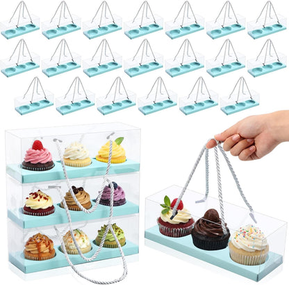 Thenshop 20 Pcs 9 x 3 x 3 Inch Clear Cupcake Boxes with Handle and Inserts 3 Count Portable Pastry Packaging for Cupcakes Carrier Muffin Bakery Containers Mothers Day Wedding Party(Brown)