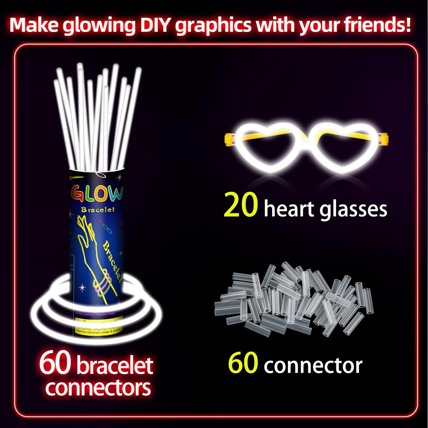60 Pack 8” Purple Glow Sticks Bulk Bright Glow Sticks with 60 Connectors 20 Heart Glasses Glow In The Dark Party Supplies Neon Party Decorations Glow Bracelet Glasses for Carnival (Purple)