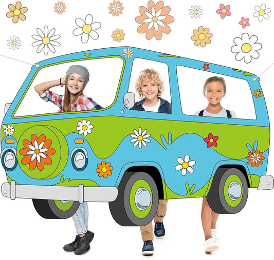Mysterious Car Photo Prop Selfie Frame Funny Mystery Bus Prop Banner Hippie Bus Backdrop Background Mystery Daisy Van Fabric Photo Booth Cartoon Party Decor Supplies for Kids Boys Girls Birthday Sign