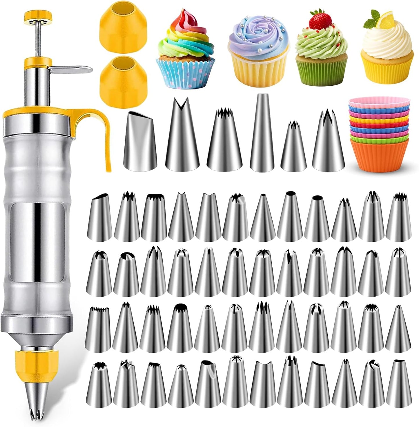 NOVANO Dessert Decorating Syringe Set, Frosting Piping Kit Stainless Steels Cake Decorating Kit with 54 Piping Tips & 9 silicone cupcakes, Cupcake Decorating Kit Piping Bags and Tips Set