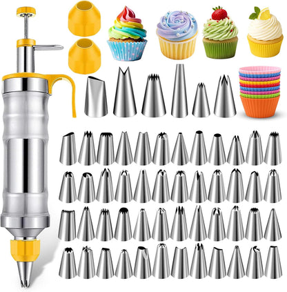 NOVANO Dessert Decorating Syringe Set, Frosting Piping Kit Stainless Steels Cake Decorating Kit with 54 Piping Tips & 9 silicone cupcakes, Cupcake Decorating Kit Piping Bags and Tips Set