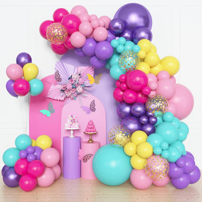 Amandir 153pcs Purple Blue Pink Balloon Garland Arch Kit, Different Sizes 18 12 10 5 inch Teal Yellow Latex Metallic Confetti Balloons for Magic Birthday Engagement Party Decoration