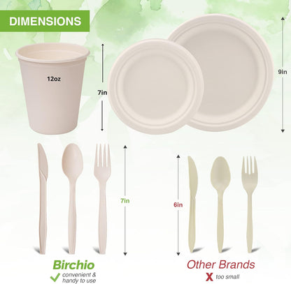 250 Piece Biodegradable Paper Plates Set (EXTRA LONG UTENSILS), Disposable Dinnerware Set, Eco Friendly Compostable Plates & Utensil include Plates, Forks, Knives and Spoons for Party