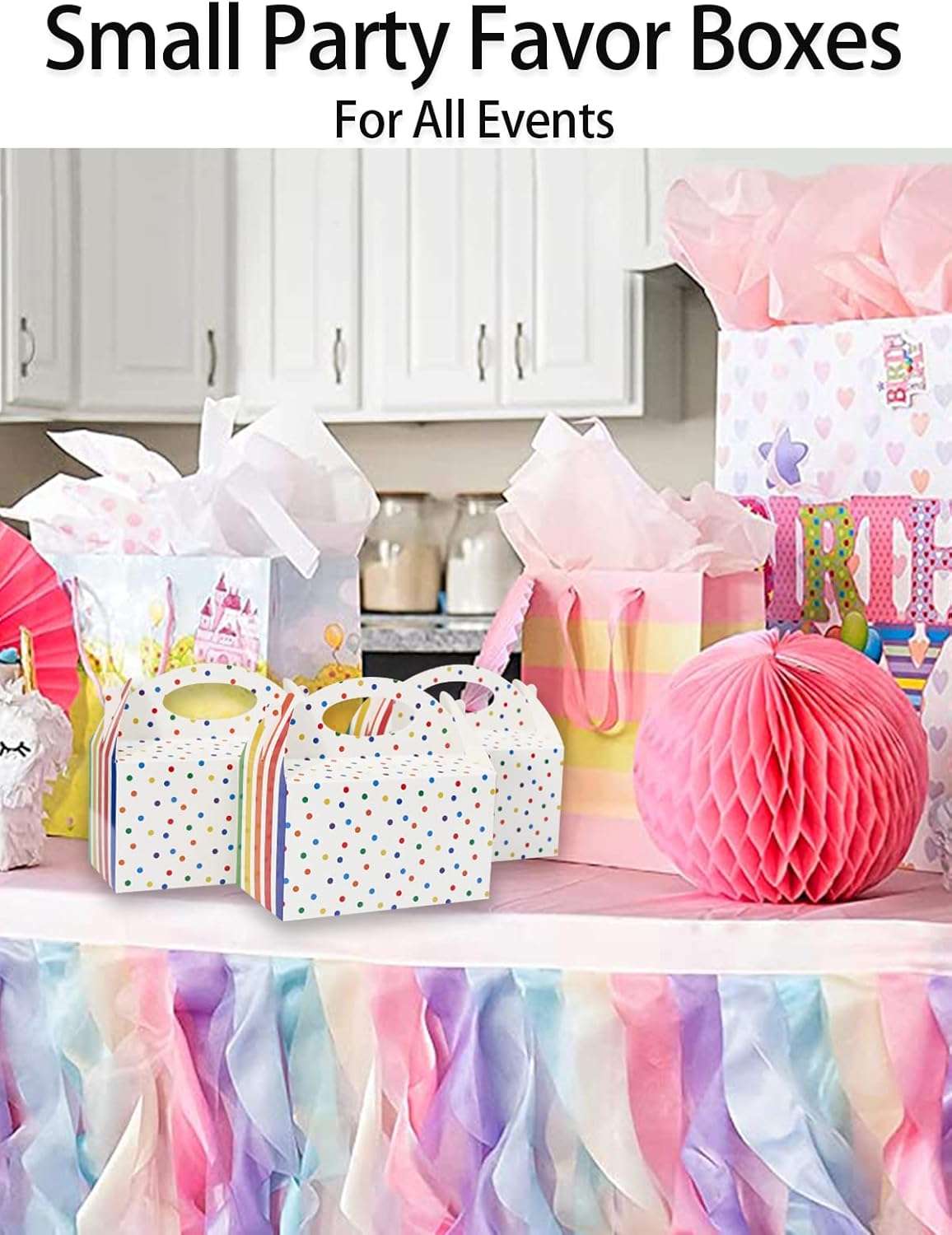 Happyhiram 50 Pcs Party Treat Boxes - White, 6 Inch Candy Boxes with Handle - Paper Cookie Gift & Snack Goodie Bags for Kids Birthday, Baby Shower, Wedding