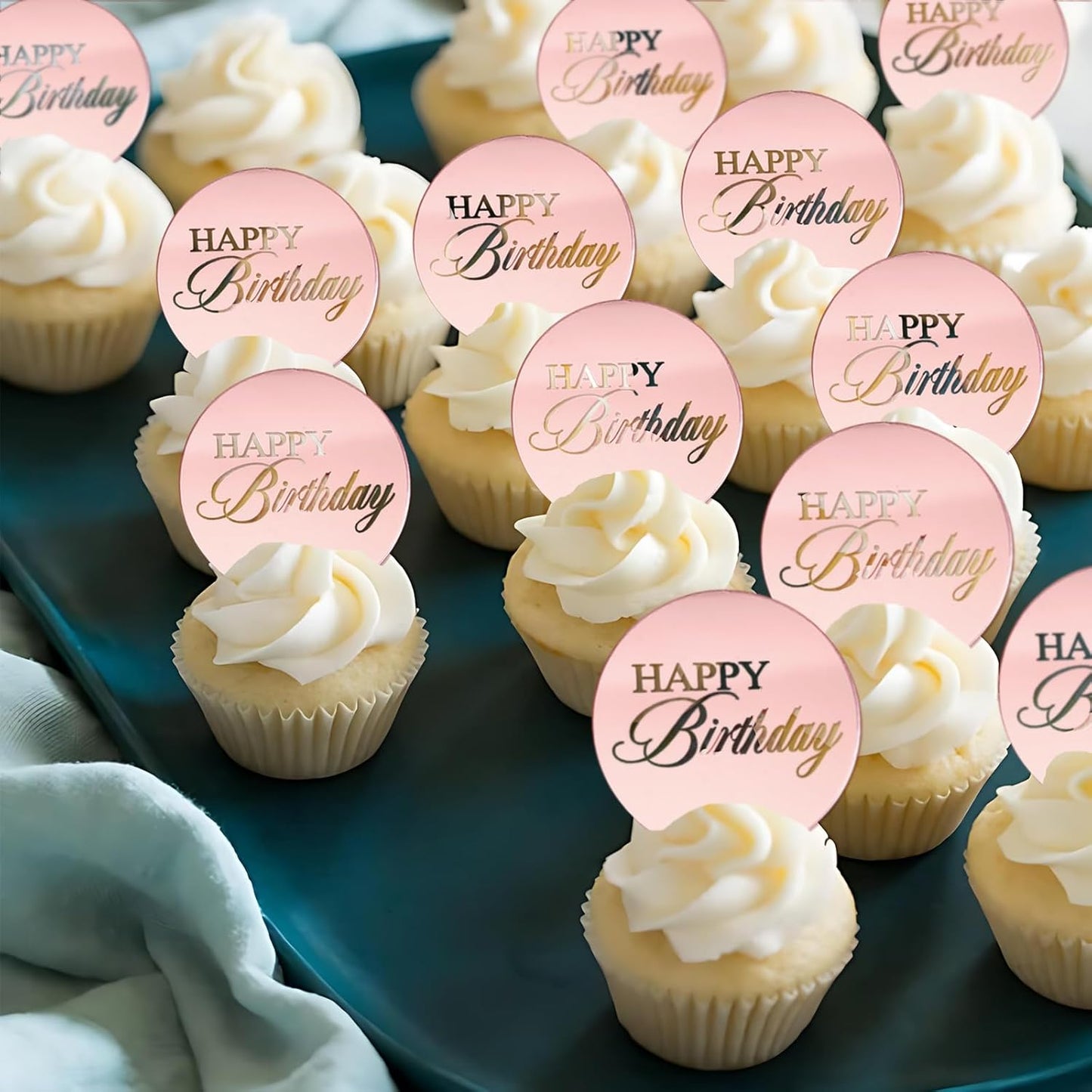 20pcs Gold Mirror Acrylic Happy Birthday Cupcake Toppers Round Engraved Cake Picks Happy Birthday Cake Toppers for DIY Birthday Gift Flower Bouquet Pastries Desserts Decor