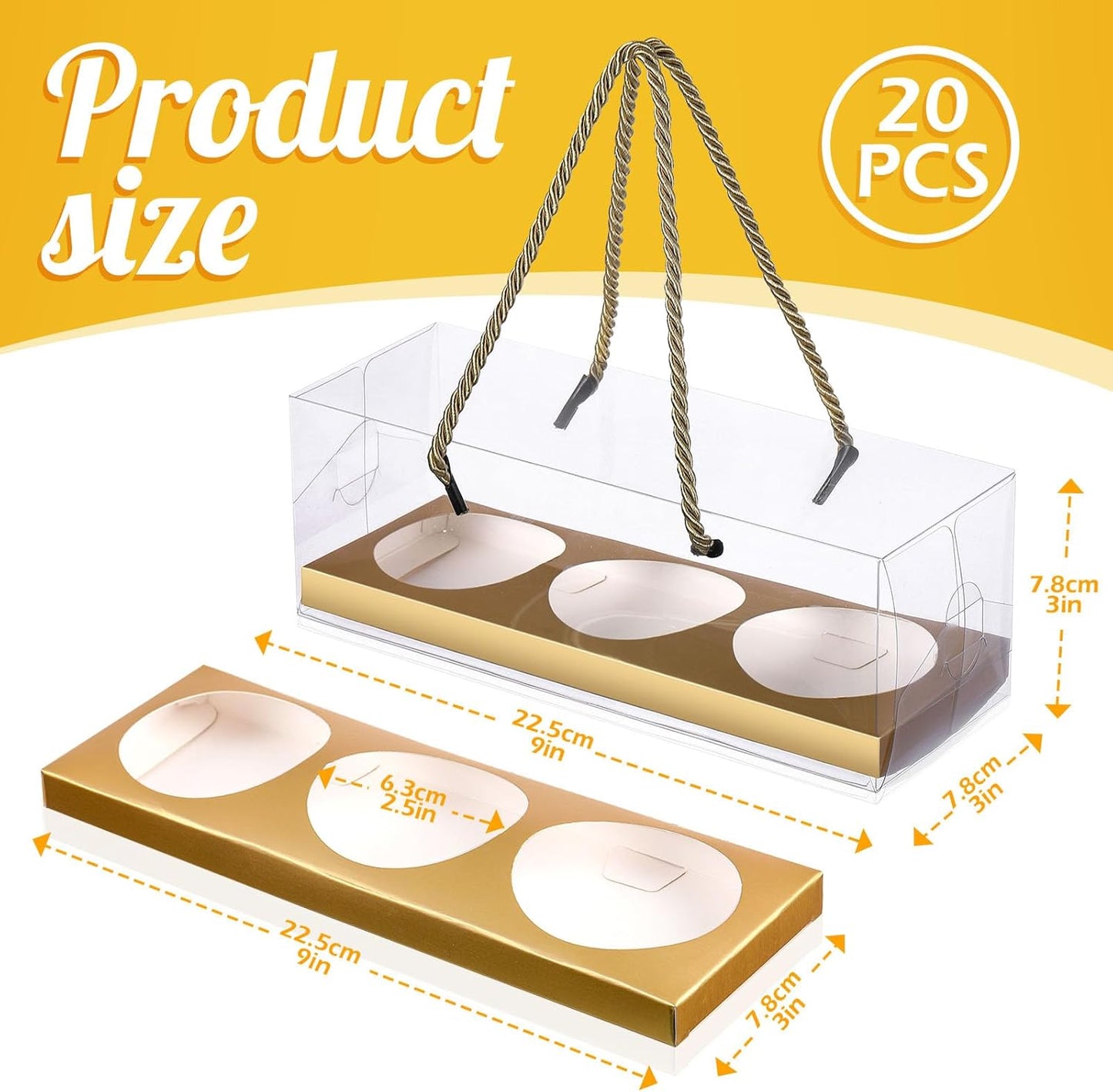 Thenshop 20 Pcs 9 x 3 x 3 Inch Clear Cupcake Boxes with Handle and Inserts 3 Count Portable Pastry Packaging for Cupcakes Carrier Muffin Bakery Containers Mothers Day Wedding Party(Brown)