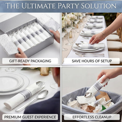 Liacere 100 Pack Silver Plastic Silverware-Pre Wrapped cutlery and Napkin-Pre Rolled Silverware Disposable 100 Forks, 100 Knives 100 Spoons, 100 Napkins Plastic Utensils＆Wedding