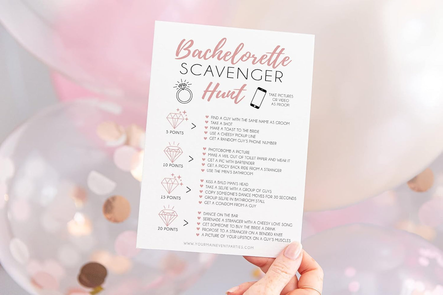 Your Main Event Prints 25 White Bachelorette Scavenger Hunt Party Games, Drinking Game and Dares, Fun Novelty Cards for Girls Night Out