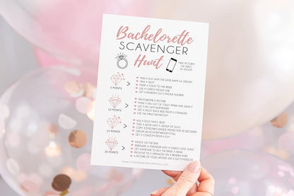 Your Main Event Prints 25 White Bachelorette Scavenger Hunt Party Games, Drinking Game and Dares, Fun Novelty Cards for Girls Night Out