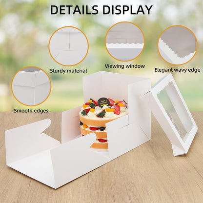 10 Pack Cake Boxes,Tall Cake Box with Window, White Bakery Boxes, 8x8x8 Inch Large Baking Boxes with Sticker, Cardboard Cake Box for Multi-Layer Cakes, Cake Decorating Supplies for Gift Giving
