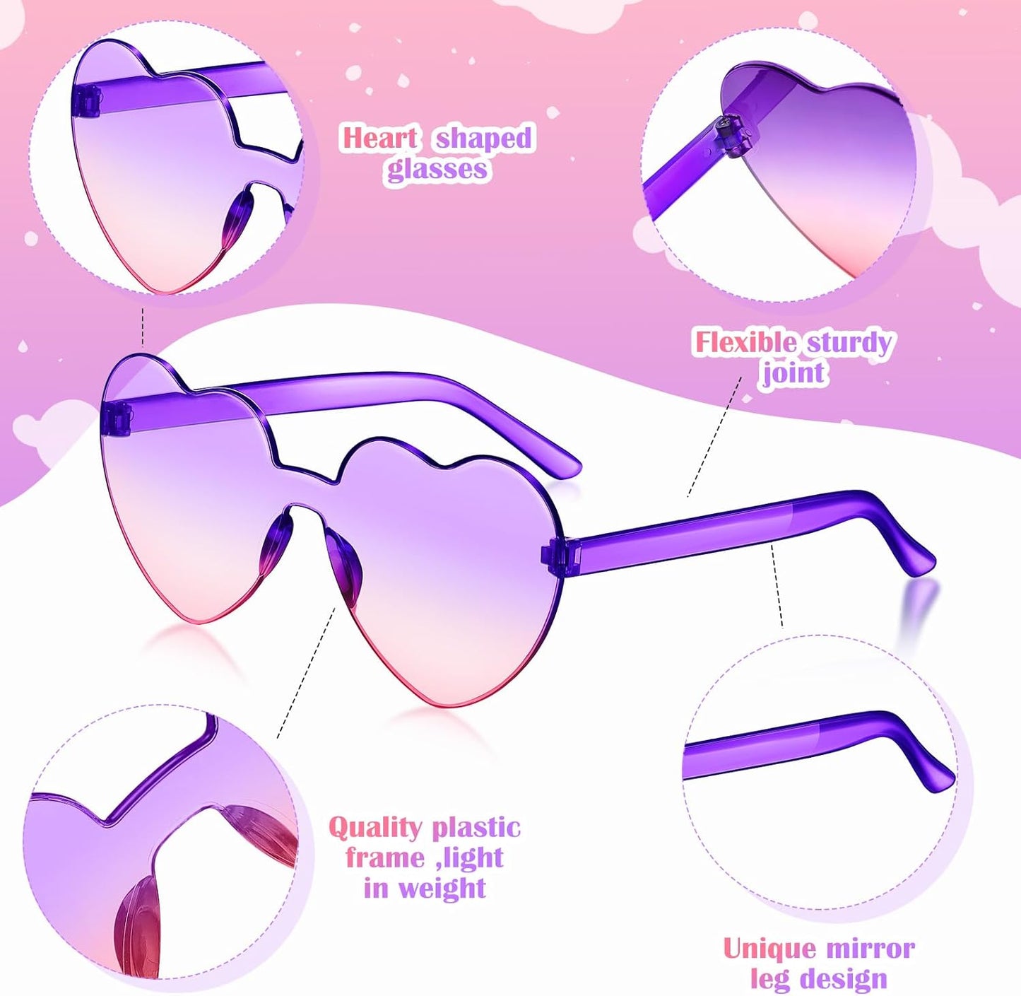 Frienda 8 Pairs Heart Shaped Sunglasses for Women Rimless Heart Glasses Candy Color Sunglasses for Party Favor