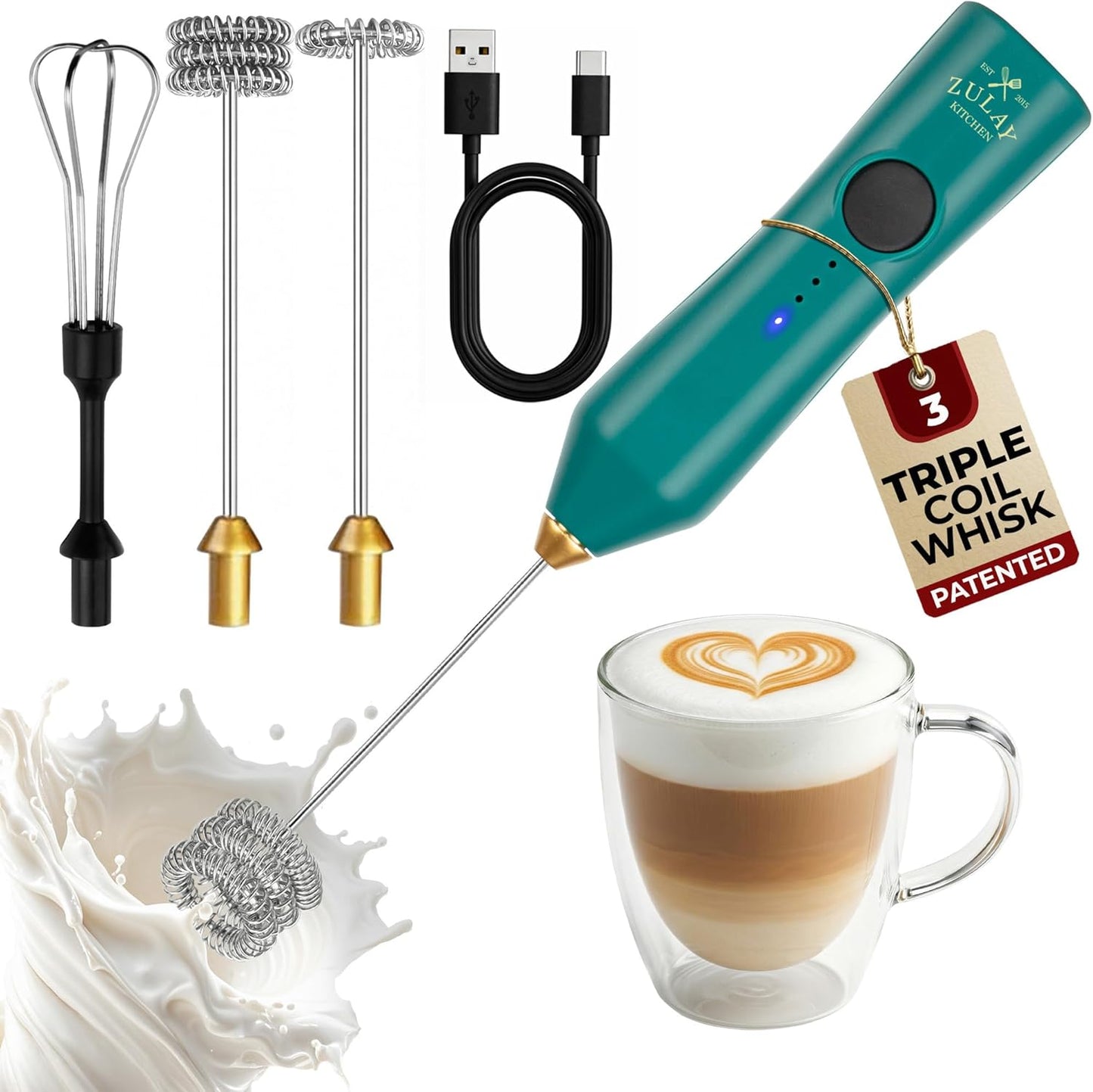 Zulay Kitchen Powerful Milk Frother Wand With Duracell Batteries - Ultra Fast Handheld Drink Mixer - Electric Whisk Foam Maker for Coffee, Lattes, Cappuccino & Matcha - Z1 Motor - Black - Colors D
