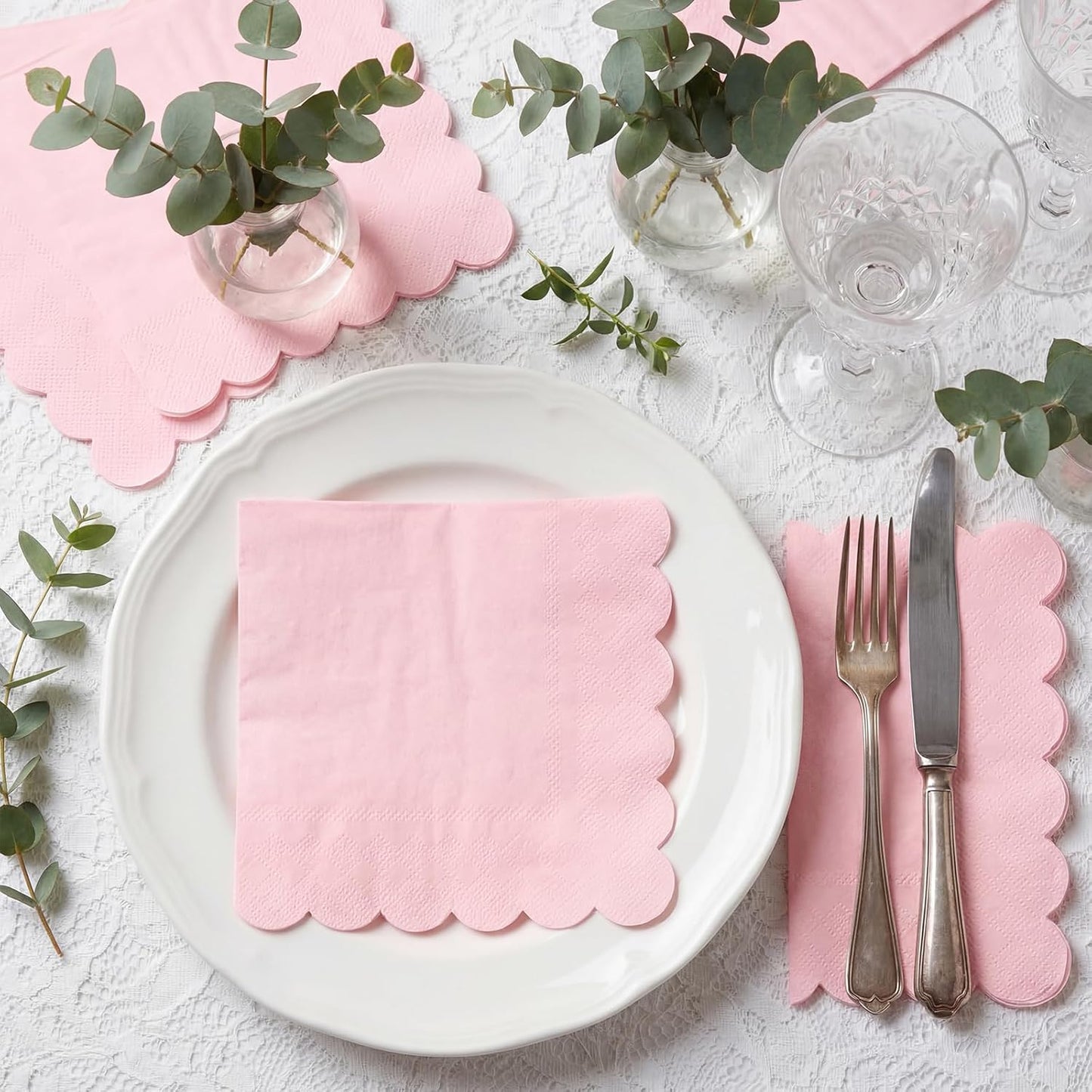 NatNarr 120 Pcs Cocktail Napkins Pink Mothers Day Paper Napkins Light Pink Dessert Beverage Napkin Cute Scalloped Party Napkin for Baby Bridal Shower, Birthday, 5 x 5 Inch