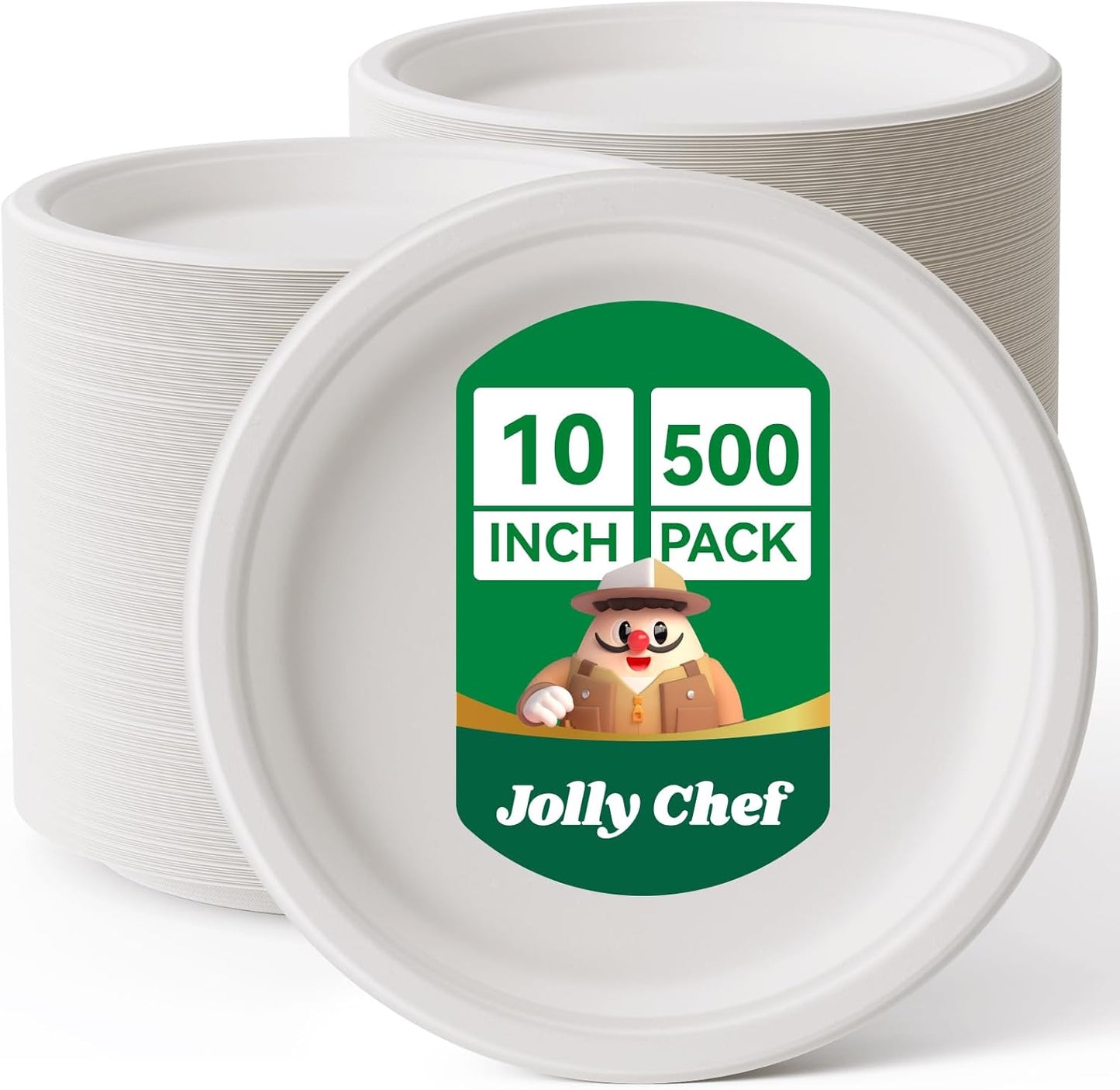 JOLLY CHEF Compostable Heavy Duty Plates 𝟭𝟬 𝗜𝗻𝗰𝗵 [𝟯𝟬𝟬 𝗣𝗮𝗰𝗸] Eco-Friendly Disposable Paper Plates Made of Bagasse Biodegradable Bulk for Party Dinner Sugarcane Thanksgiving Day (Natural)