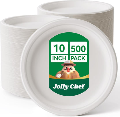 JOLLY CHEF Compostable Heavy Duty Plates 𝟭𝟬 𝗜𝗻𝗰𝗵 [𝟯𝟬𝟬 𝗣𝗮𝗰𝗸] Eco-Friendly Disposable Paper Plates Made of Bagasse Biodegradable Bulk for Party Dinner Sugarcane Thanksgiving Day (Natural)