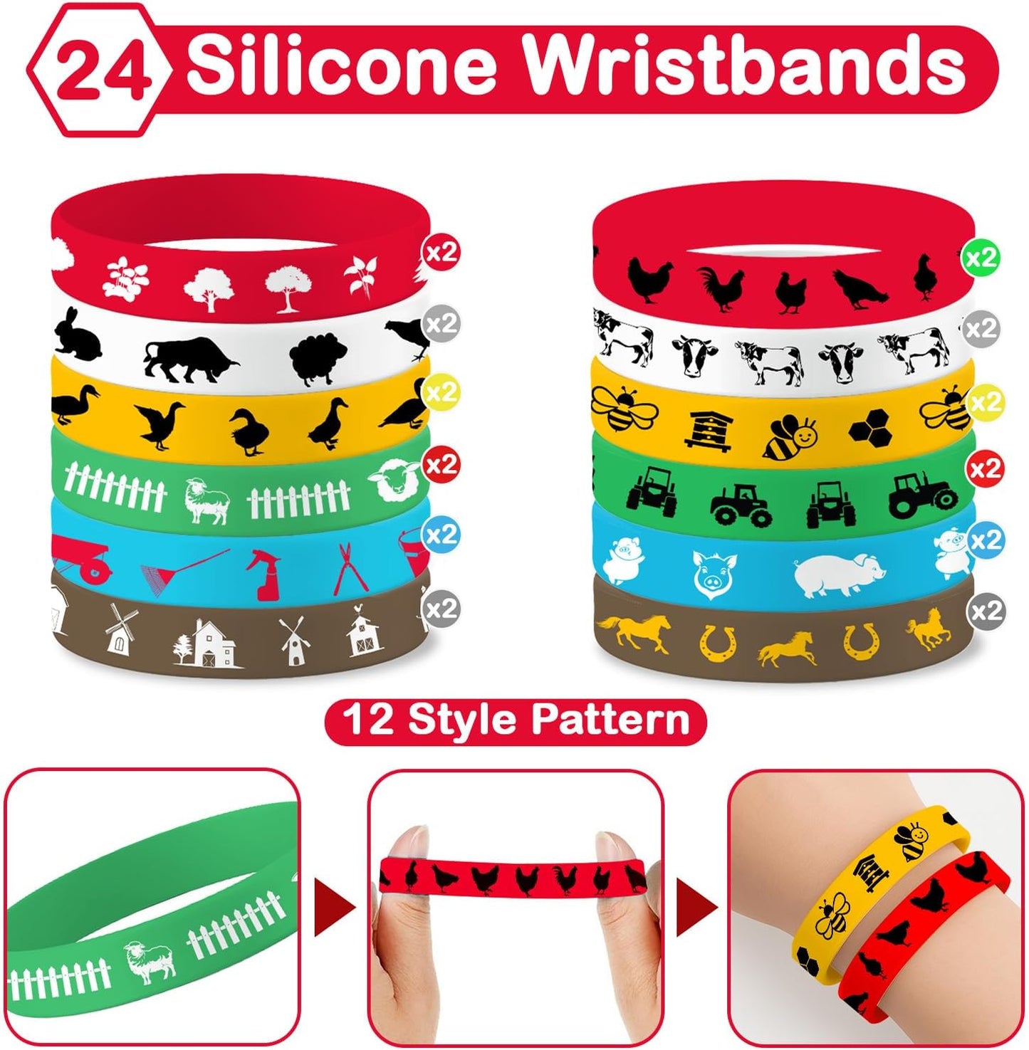 48PCS Farm Party Bracelets Set | 24 Slap Bracelets + 24 Rubber Bracelets | Barnyard Animal Silicone Wristbands Birthday Party Supplies, Classroom Rewards, Carnival Prizes