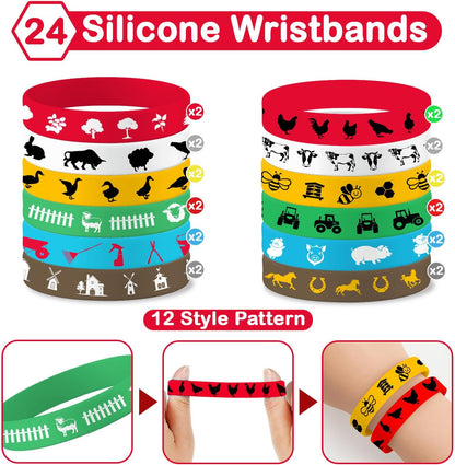 48PCS Farm Party Bracelets Set | 24 Slap Bracelets + 24 Rubber Bracelets | Barnyard Animal Silicone Wristbands Birthday Party Supplies, Classroom Rewards, Carnival Prizes