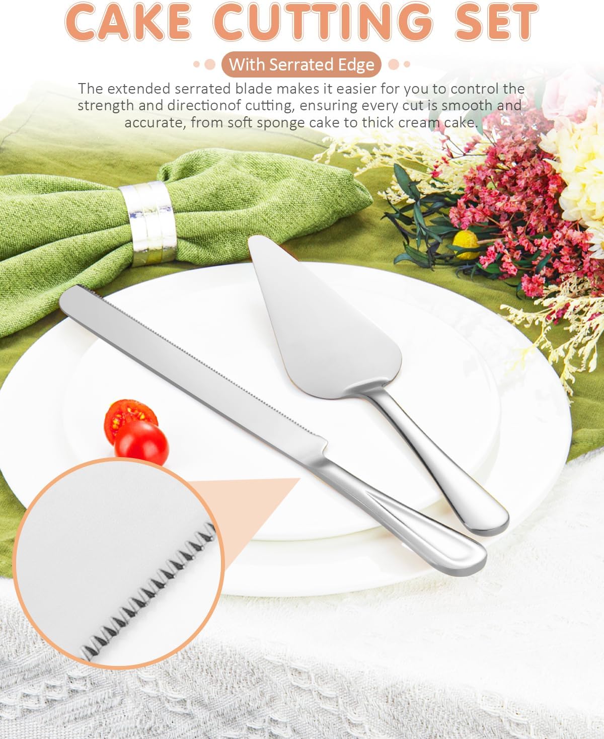 13-Inch Premium Cake Cutting Set for wedding，Exquisite Cake Knife and Server Set with Serrated Design, Ideal for Pastries, Pies, and Desserts (Silver)