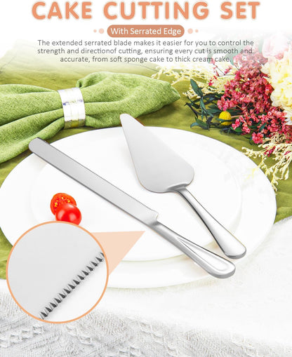 13-Inch Premium Cake Cutting Set for wedding，Exquisite Cake Knife and Server Set with Serrated Design, Ideal for Pastries, Pies, and Desserts (Silver)