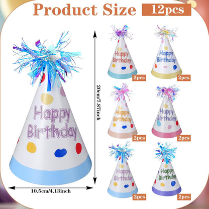 Larrel 12 Pcs Birthday Party Hats with Pom Poms, Colorful Birthday Hats for Kids Adults Cute Party Headwear Parties Supply for Birthdays Memorable Celebration DIY Photo Props