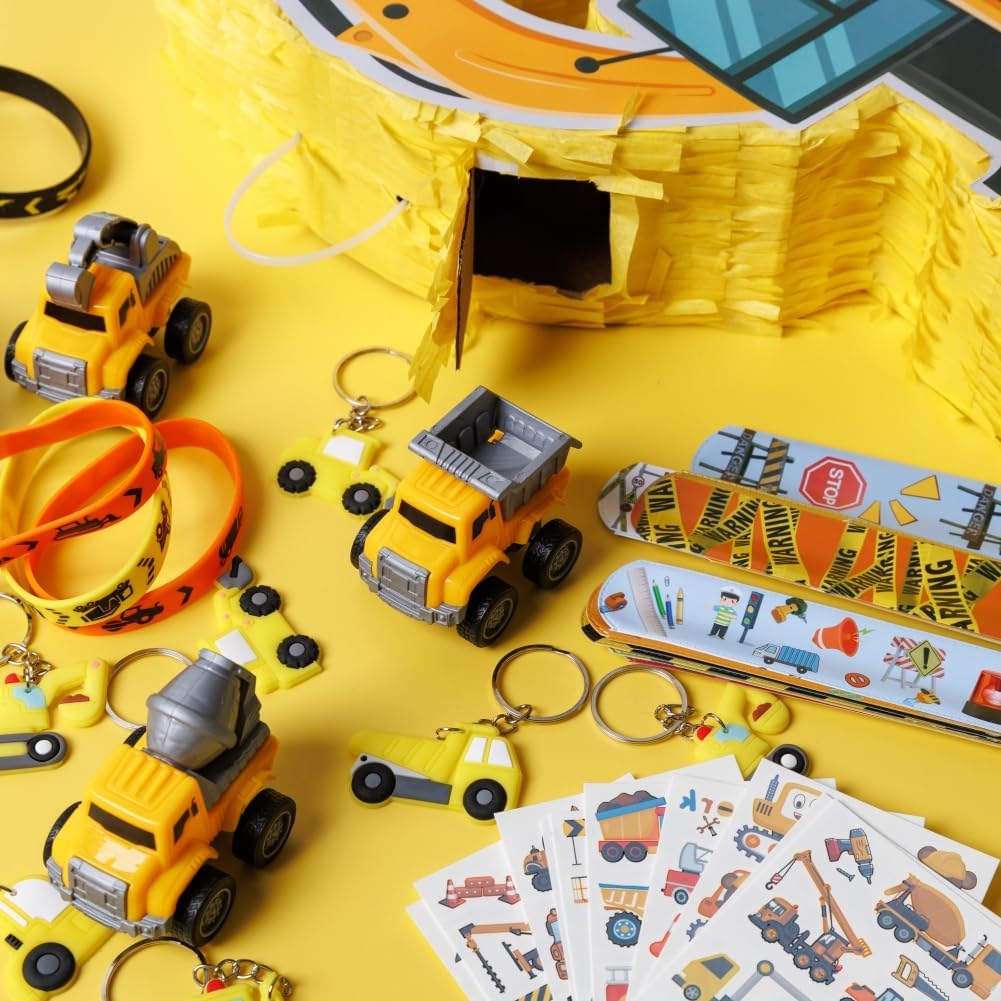 Construction Pinata Dump Truck Pinata for Boy Kids Construction Birthday Party Tractor Excavator Car with Vehicles Toys Bracelets Stickers Tapes Confetti Tools