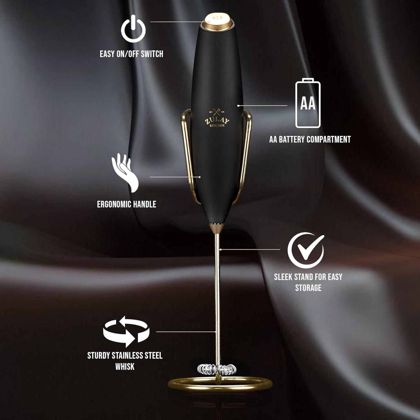 Zulay Kitchen Powerful Milk Frother Wand With Duracell Batteries - Ultra Fast Handheld Drink Mixer - Electric Whisk Foam Maker for Coffee, Lattes, Cappuccino & Matcha - Z1 Motor - Black - Colors C