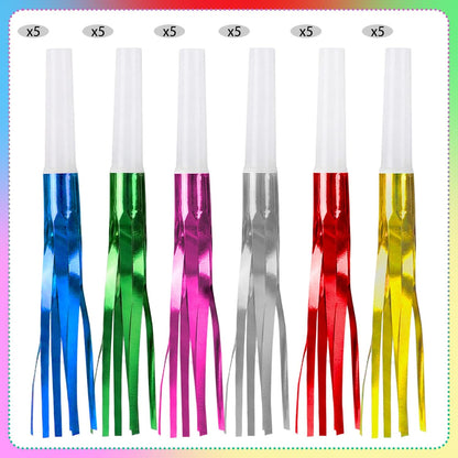 30 PCS Fringed Glitter Party Blowers, Funny Birthday Noise Makers Colorful Horns Whistles for Kids Adults Carnival Birthday Party Graduations Party Celebration Supplies