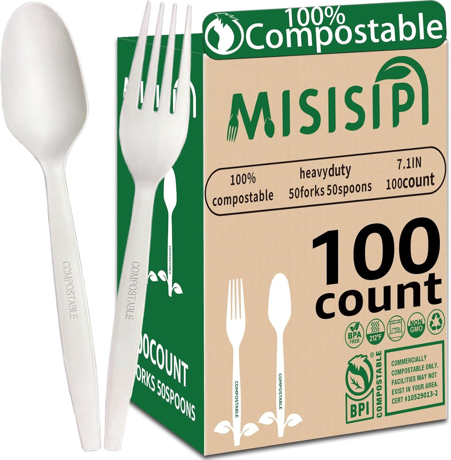 MISISIPI 150-Count Compostable Utensils Set - Heavy Duty BPI Certified, Plastic-Free Disposable Forks, Spoons, Knives for BBQ, Camping, Events, Plant-Based Cutlery