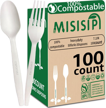 MISISIPI 150-Count Compostable Utensils Set - Heavy Duty BPI Certified, Plastic-Free Disposable Forks, Spoons, Knives for BBQ, Camping, Events, Plant-Based Cutlery