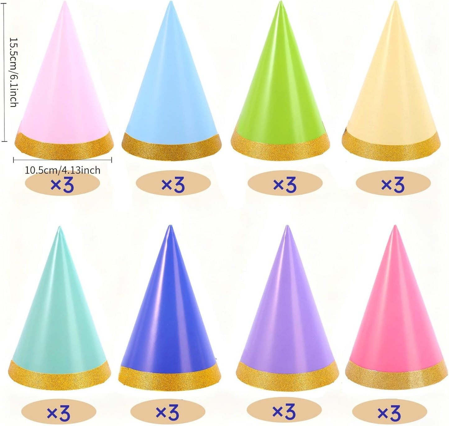 Pre-Assembled Pastel Party Hats for Kids, Birthday Party Hats for Adults