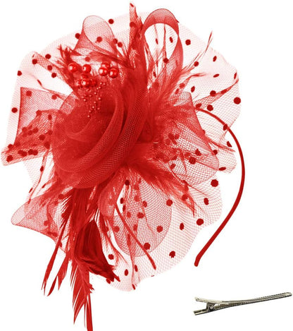 DRESHOW Fascinators Hat Flower Mesh Ribbons Feathers on a Headband and a Clip Tea Party Headwear for Girls and Women - Colors A