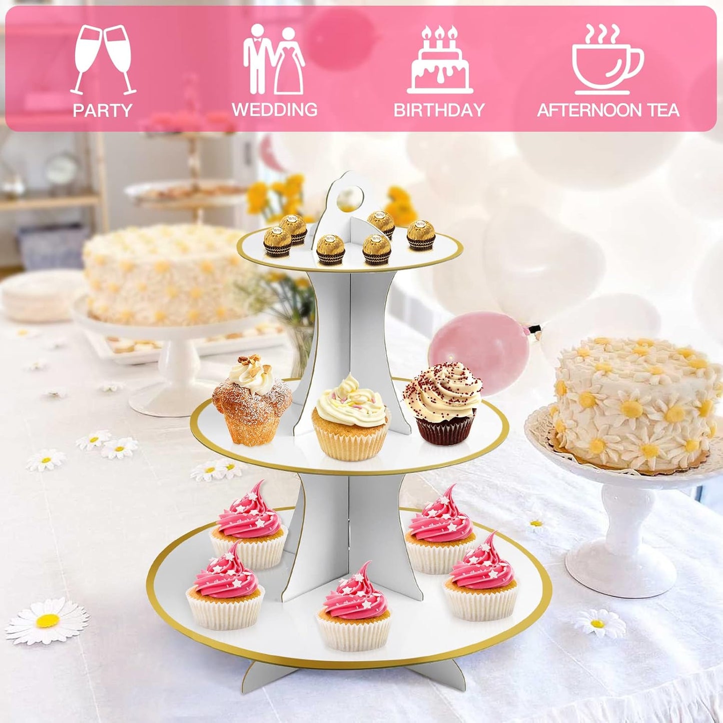 Soleebee 3-Tier Round Cupcake Stand, Cardboard Cupcake Tower, Dessert Cup Cake Stand Tower for Birthday Wedding Party Decoration, Cupcake Tier Stand 1 Set (Hot Pink)