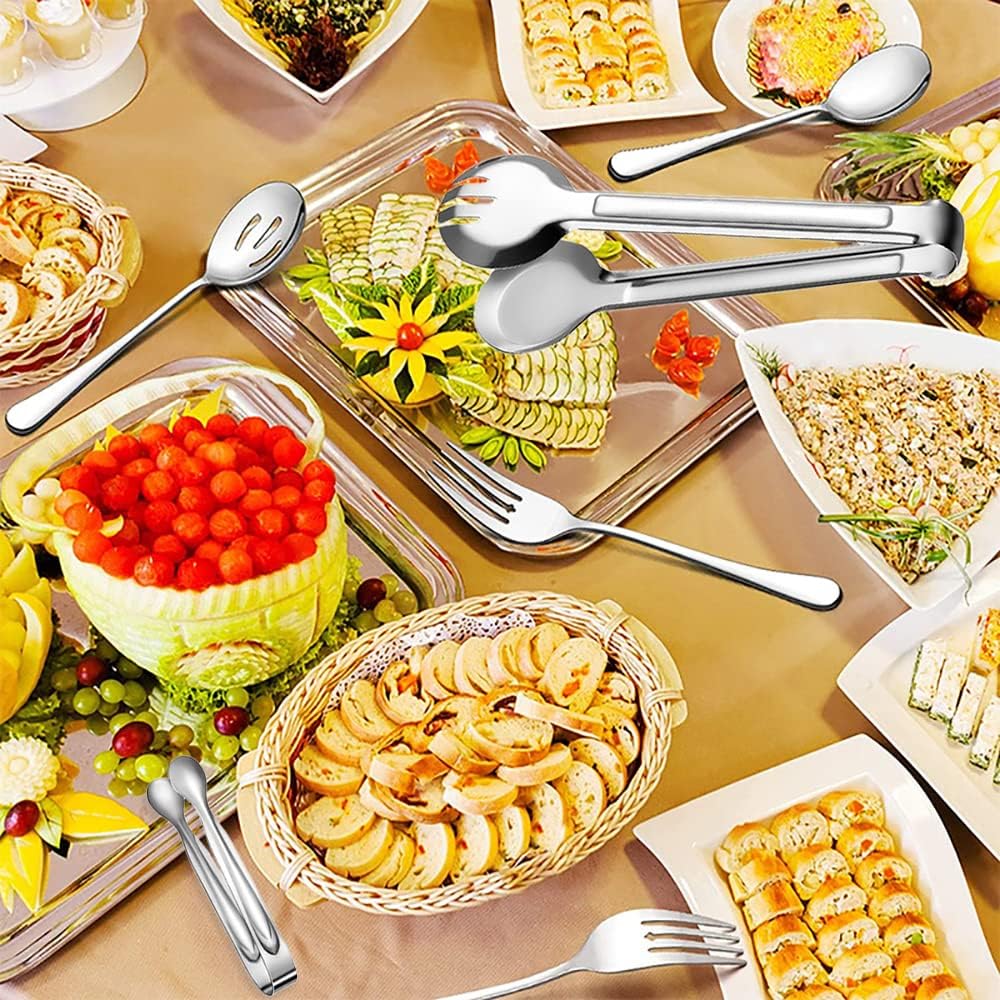 11 PCS Serving Utensils, Large Stainless Steel Spoons Forks Tongs, Pie Server, Great for Hostess Buffet Catering Banquet Party, Silver