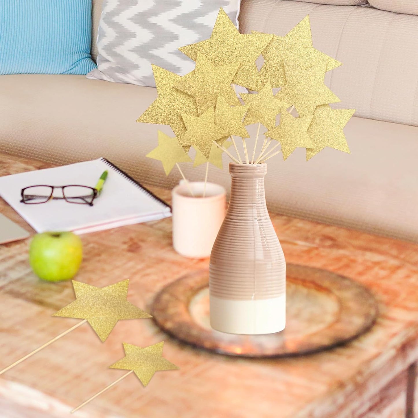 Reallnaive 42 Pcs Gold Star Centerpieces Sticks Twinkle Glitter Star Table Flower Centerpiece Sticks Golden Cake Toppers for Back to School Wedding Engagement Bridal Baby Shower Party Decorations