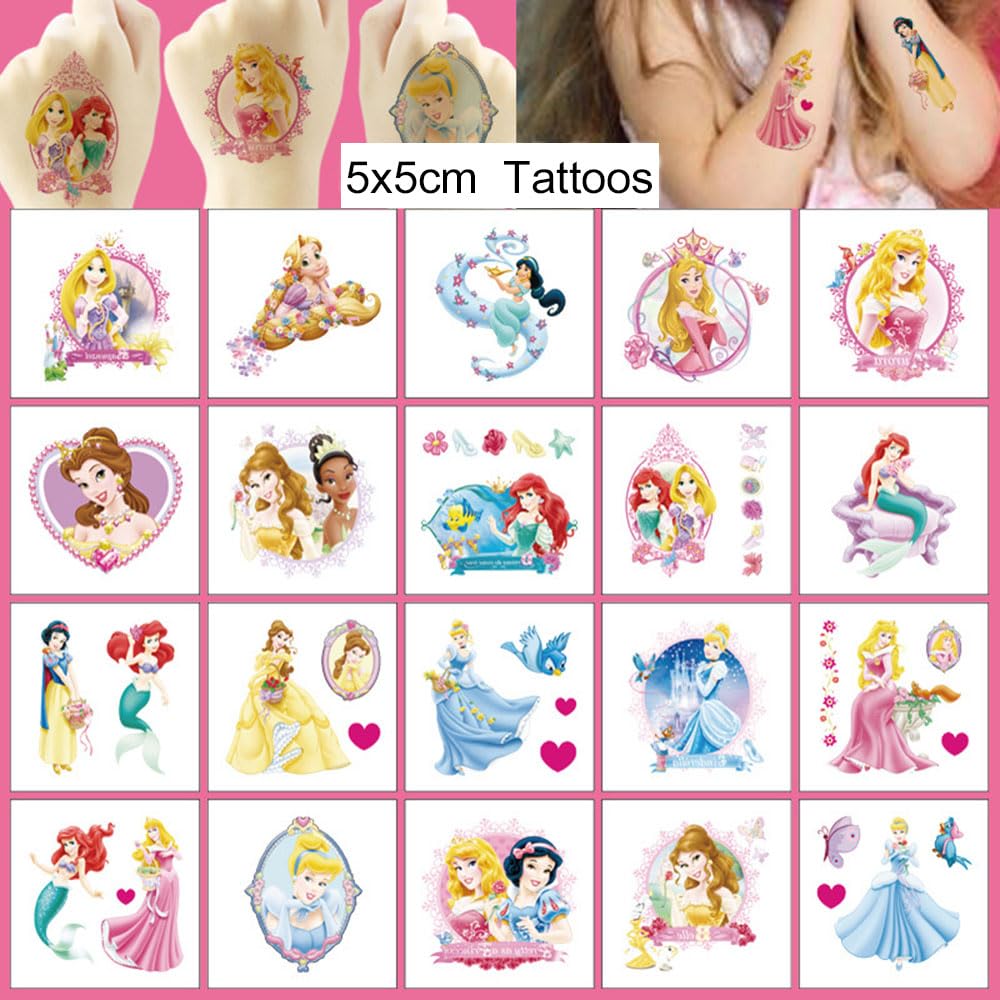 20 Sheets Disney Princess Temporary Tattoos for Kids, Birthday Party Favors, Cute Cartoon Decoration Sticker Gifts for Girl Boys Home Activity Class Prizes Carnival Christmas Rewards