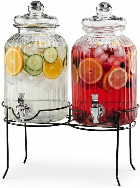 Style Setter Canyon Glass Beverage Dispenser with Stand Set of 2-1.3 Gallon Drink Dispenser with Stand & Spigot - Leak-Proof Lemonade Dispenser - Punch Dispenser for Parties, Weddings, Birthdays
