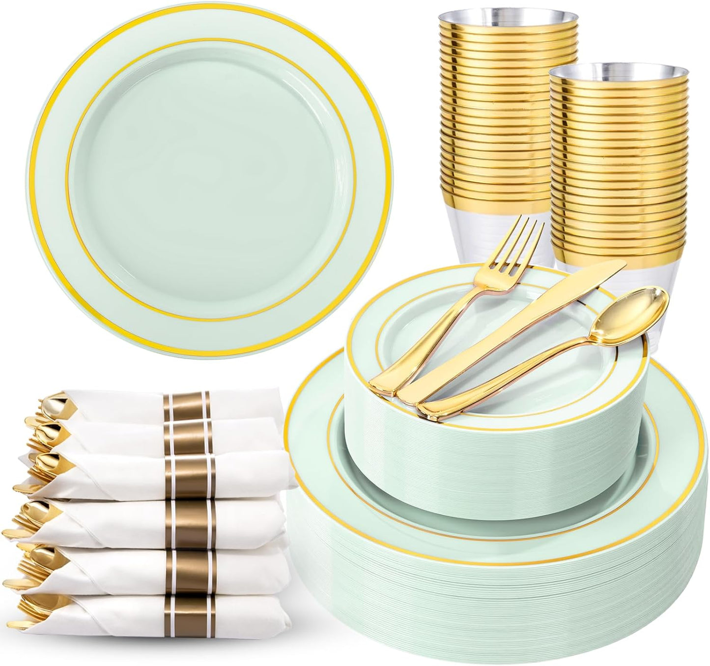 350 Pieces Black and Gold Plastic Plates with Disposable Silverware, Include 50 Dinner Plates 9”, 50 Dessert Plates 6.3”, 50 Black Cups 9 OZ, 50 Pre Rolled Napkins for Wedding Party Graduation