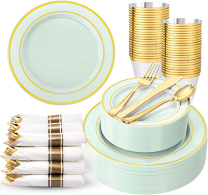 350 Pieces Black and Gold Plastic Plates with Disposable Silverware, Include 50 Dinner Plates 9”, 50 Dessert Plates 6.3”, 50 Black Cups 9 OZ, 50 Pre Rolled Napkins for Wedding Party Graduation