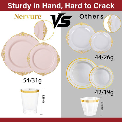 Nervure 350PCS Gold Plastic Plates - Gold Plastic Dinnerware Sets for 50 Guests - 100 Disposable Plates, 150 Silverware, 50 Cups, 50 Napkins for Wedding & Party & Mothers Day