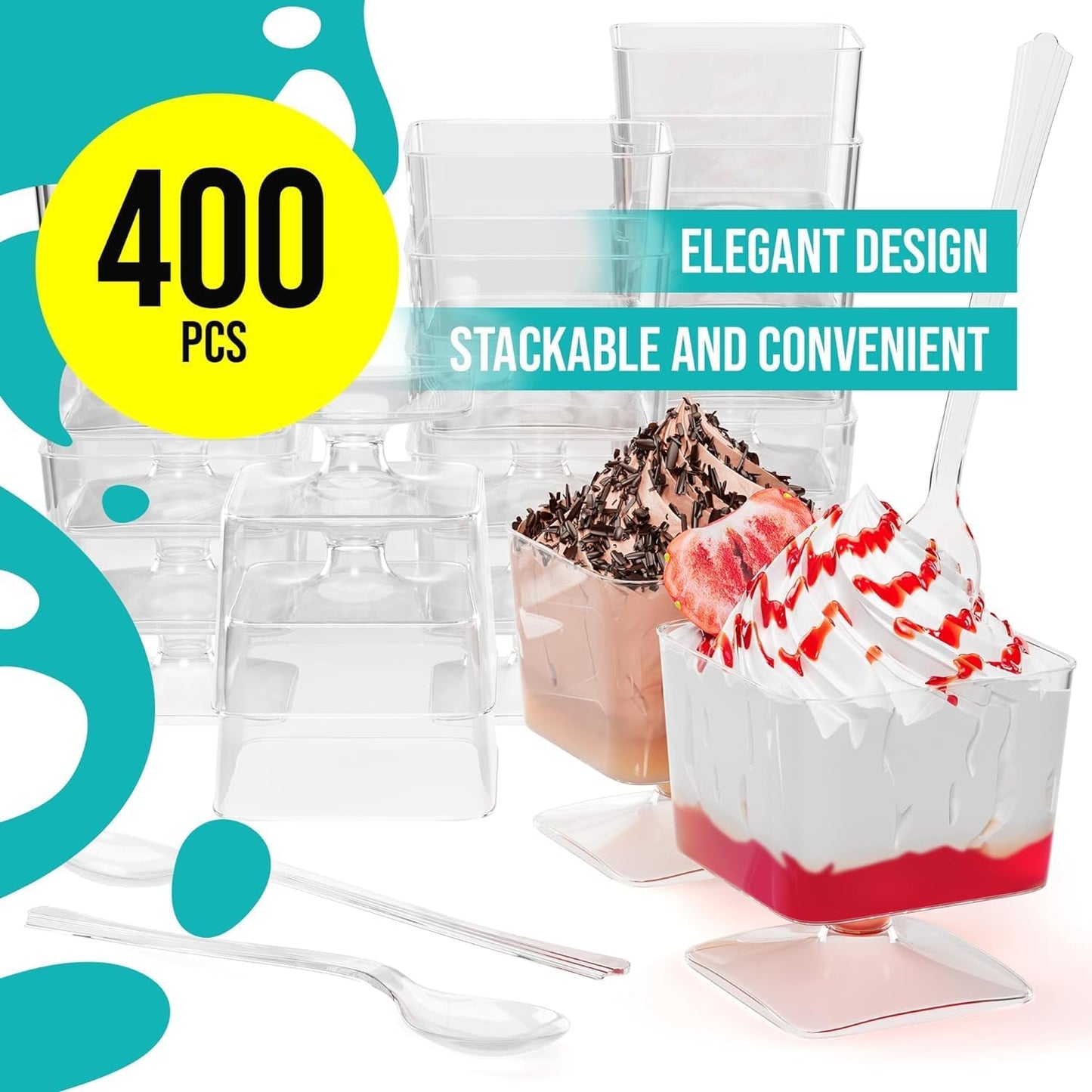 Exquisite Mini Dessert Cups With Spoons 200 Pcs - 2 Oz Square Clear Plastic Pudding Cups Disposable With Tasting Spoons 100 Sets | Mini Parfait Cup | Appetizer Cup For Party & Events