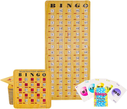 MR CHIPS Jam-Proof Bingo Cards with Sliding Windows, 25 Reusable Shutter Cards, 75 Calling Cards 1 Master Board in Tan Woodgrain Style
