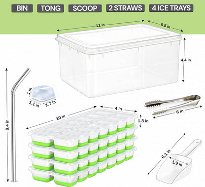 56pcs Ice Cube Tray with Lid and Bin – Stackable 4 Trays Plastic Silicone Freezer Mold, Large Ice Bucket with Scoop, Tong & 2 SS Straws – Easy Release Ice Maker for Cocktail, Coffee, RV, Whiskey